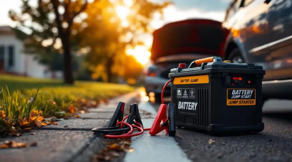 A professional roadside assistance technician jump starting a car battery on a cold evening in Cleveland.