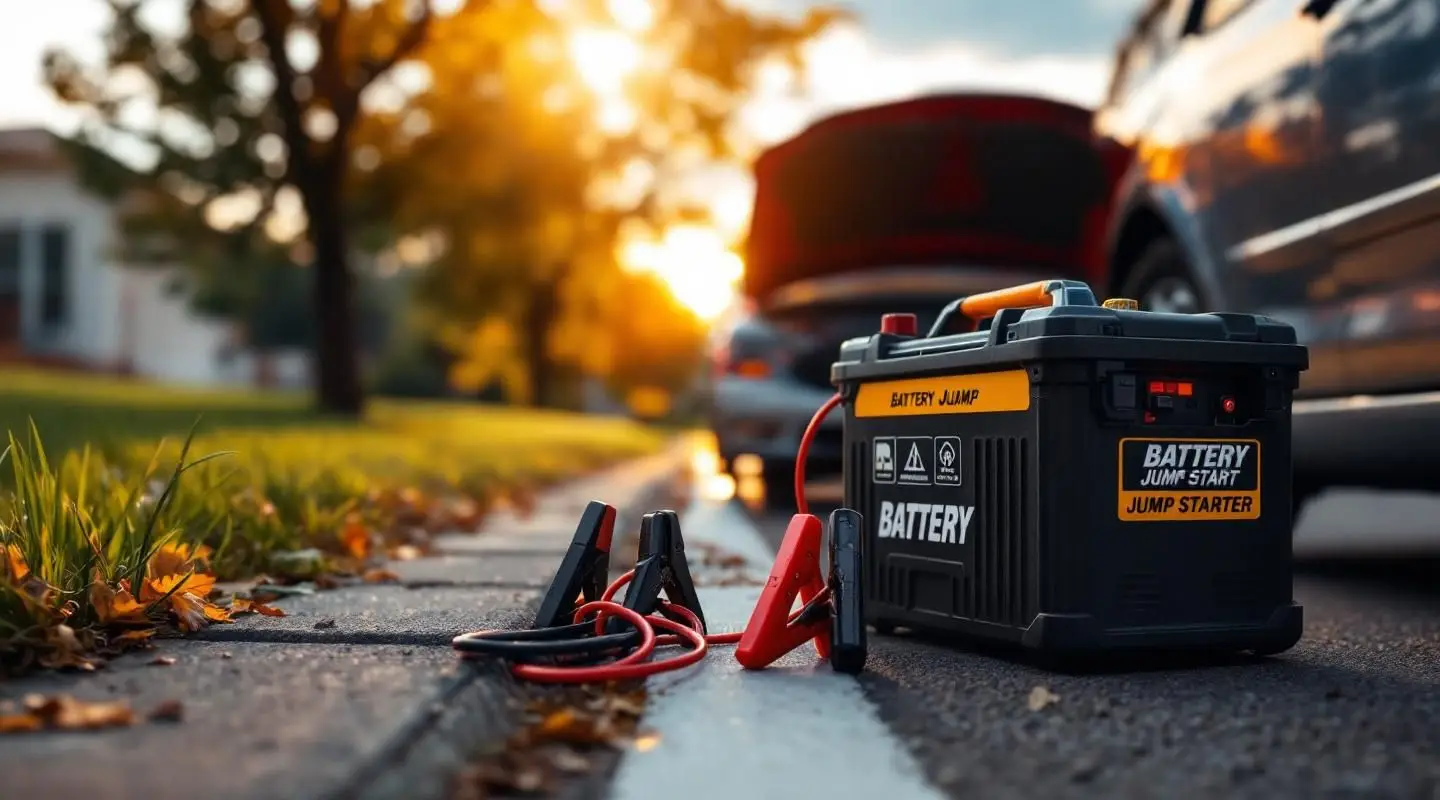 A professional roadside assistance technician jump starting a car battery on a cold evening in Cleveland.