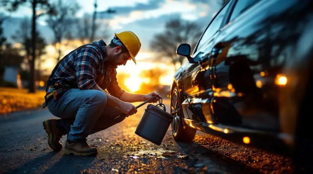 A professional tow operator using specialized lockout tools to safely unlock a sedan on a cold Cleveland street at dusk