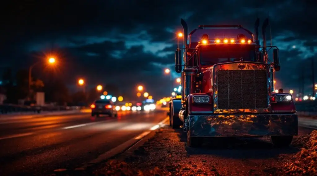 Mina Towing flatbed truck preparing to tow a disabled vehicle on Brookpark Road in Cleveland during a late-night winter storm.