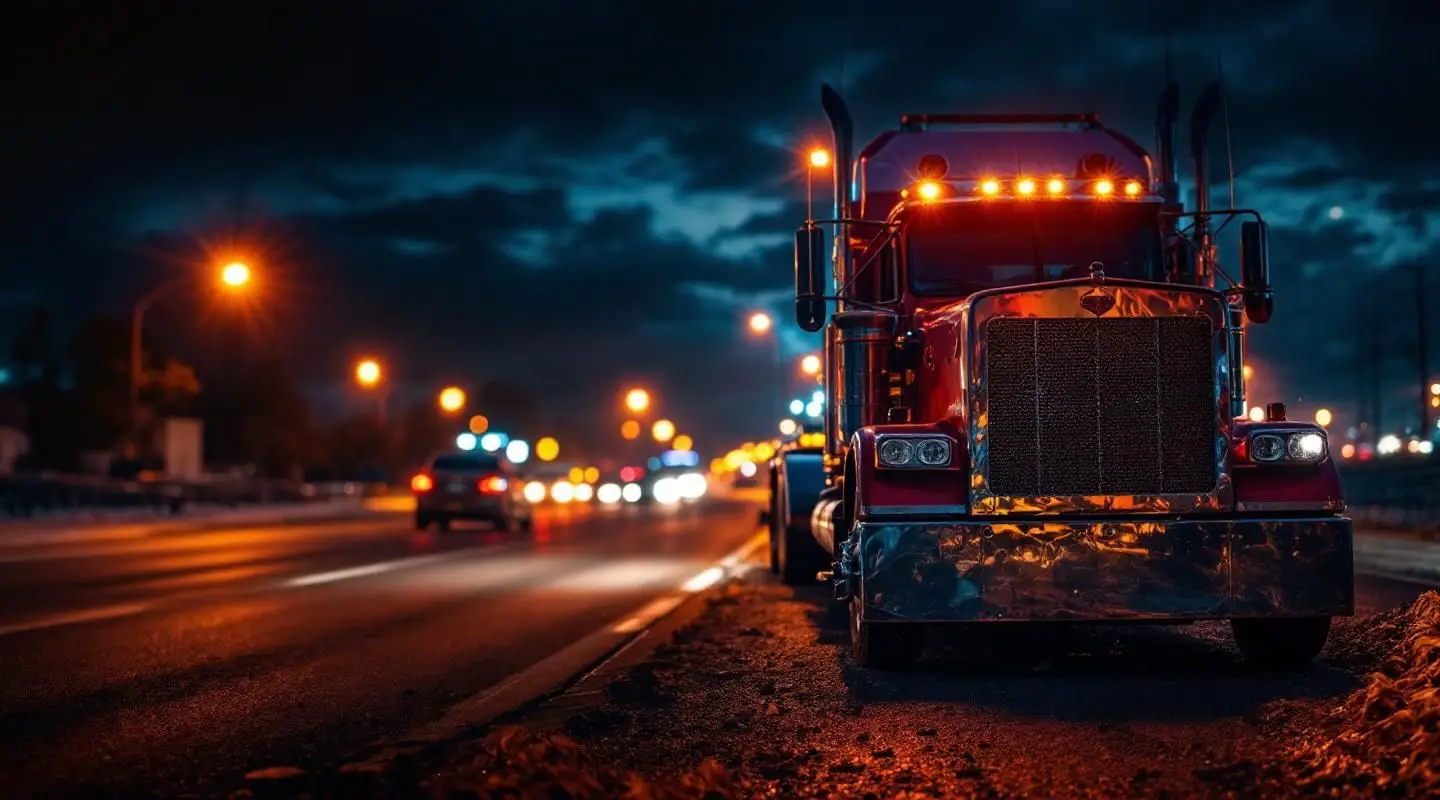 Mina Towing flatbed truck preparing to tow a disabled vehicle on Brookpark Road in Cleveland during a late-night winter storm.