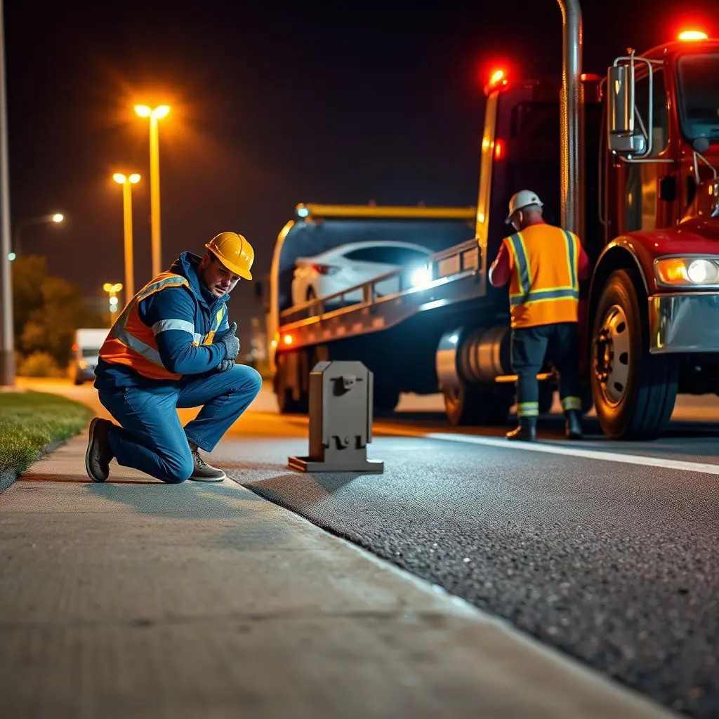 A modern flatbed tow truck parked safely under a streetlamp in Brook Park, ready for dispatch.