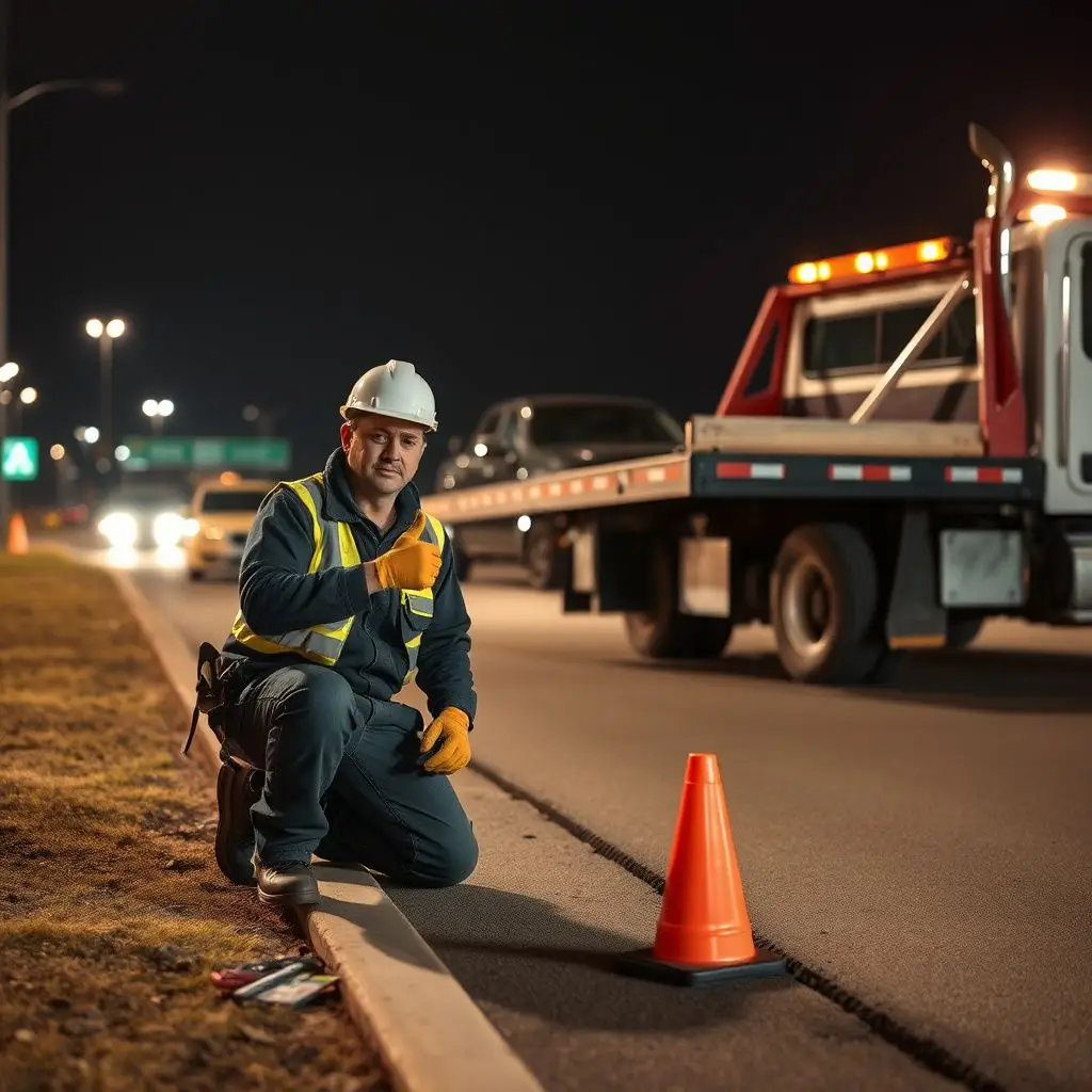 An operator in a high-visibility safety vest preparing a flatbed tow truck for a roadside recovery in Independence.