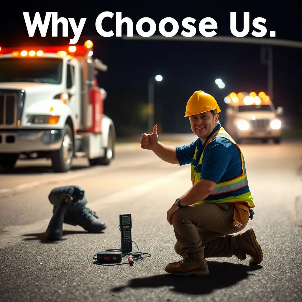 A professional tow operator in high-visibility safety gear standing next to a flatbed tow truck on a Parma street.
