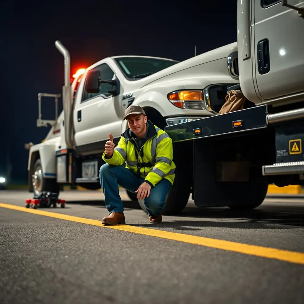 A clean, modern flatbed tow truck parked safely on the shoulder of a Westlake road with its amber warning lights flashing.