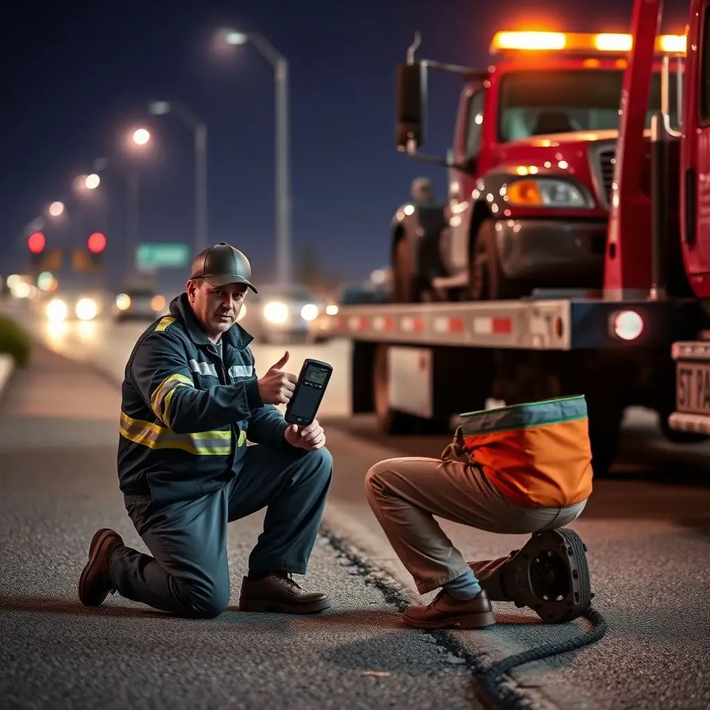 A clean, modern tow truck parked safely on the shoulder of a Cleveland highway with its warning lights active.